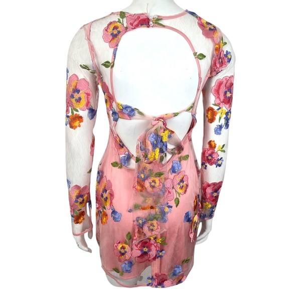 For Love & Lemons Percy Mini Dress Sheer Coquette Womens Small Pink Floral Fairy - Picture 4 of 15